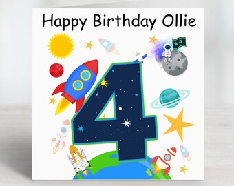 Tarjeta personalizada para el 4.º cumpleaños: temática espacial