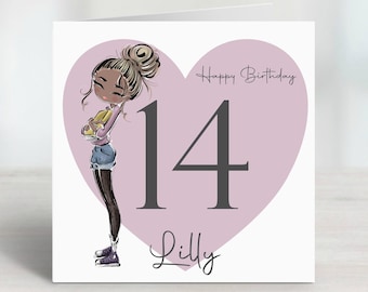 May include: A pink heart with the number 14 and the text "Happy Birthday" and "Lilly" on a white background. A cartoon girl with brown skin and a yellow shirt is standing to the left of the heart.