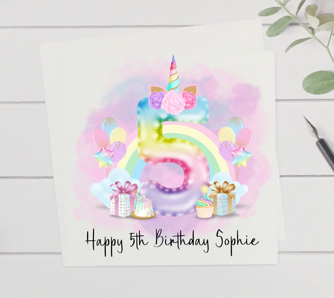 Personalised Unicorn Happy Birthday Card 5th Birthday Card | Etsy
