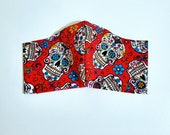 Halloween Sugar Skulls Fabric Face Mask, Filter Pocket, Toddler Kids Adult Mask with Nose Wire, Protective Face Covering, Ear Elastic Mask