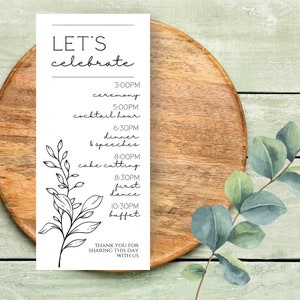 Menú personalizable para boda con temática floral en blanco y negro, menú de cena, menú de bebidas, tarjeta de orden de eventos y paquete de plantillas editables.