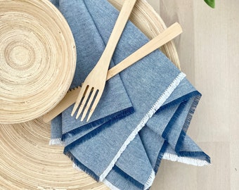 Fringed Chambray Denim Napkins, Frayed Denim Napkins, Raw Edge Napkins, Denim home decor