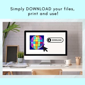 May include: A computer monitor displays a colorful grid-patterned sphere graphic next to a button labeled DOWNLOAD with a downward arrow icon. A black cursor arrow points toward the sphere. The text above the monitor reads Simply DOWNLOAD your files, print and use!