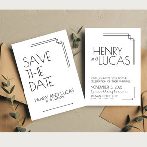 Conjunto de invitaciones de boda estilo art déco retro, tarjeta para guardar la fecha, RSVP, detalles de boda, paquete de plantillas de invitación editables, papelería de boda