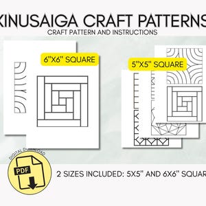 May include: White paper craft patterns with black line art designs. The text "KINUSAIGA CRAFT PATTERNS" and "CRAFT PATTERN AND INSTRUCTIONS" are at the top. Includes 5"x5" and 6"x6" square patterns. A digital download PDF icon is in the lower left.