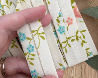 Handmade Bias Tape, Cream and Pastel Floral print Seam Binding, 1/2 inch Double Fold, Quilting Sewing supply, vintage fabric pattern