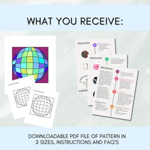 May include: A downloadable PDF pattern set for a Kinusaiga disco ball craft. Includes a color reference sheet, two black and white line art templates, and three instructional pages with numbered steps, text, and diagrams on a grid background.