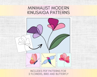 Puede incluir: Un gráfico digital titulado MINIMALIST MODERN KINUSAIGA PATTERNS que presenta ilustraciones de líneas de dos flores, un pájaro y una mariposa en tonos rosa, morado, azul y verde. El texto inferior indica INCLUDES PDF PATTERNS FOR 2 FLOWERS, BIRD AND BUTTERFLY.