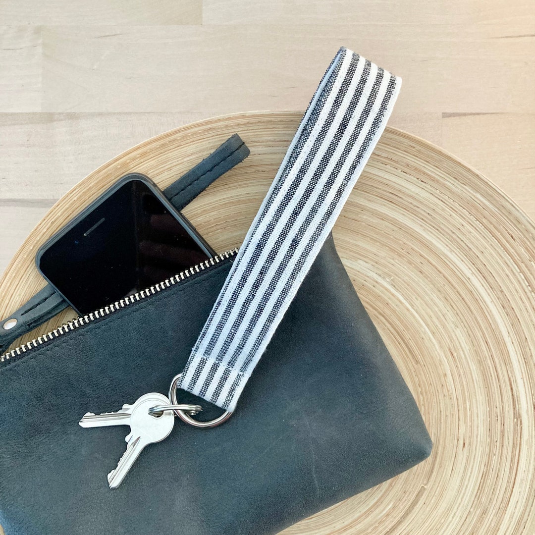 Black and White Striped Linen Key Fob, Key Chain, Wristlet, Key Ring