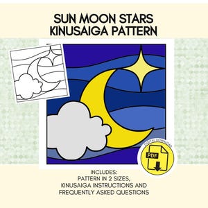Sun Moon Stars Kinusaiga Craft Pattern, Celestial No Sew Fabric Mosaic Template, Digital Download Art Project
