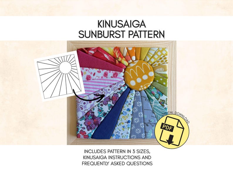 Kinusaiga SUNBURST Craft Pattern, No Sew Fabric Mosaic Template, Digital Download image 1