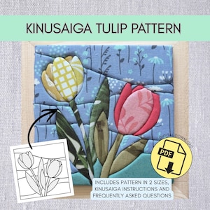 Könnte beinhalten: Ein Kinusaiga-Tulpenmuster-Bastelprojekt mit blauem Stoffhintergrund mit Blumenmotiven, einer gelb karierten Tulpe und einer rosa Tulpe. Enthält eine schwarz-weiße Strichzeichnungsvorlage, ein PDF-Download-Symbol und schriftliche Anleitungen.
