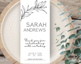 Wedding menu and name place card set, simple wedding dinner menu, wedding guest name tag, editable wedding placecard template bundle