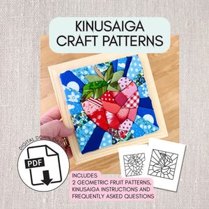 May include: A square KINUSAIGA craft pattern with a colorful fruit design. The artwork is framed in a wooden box. The image includes a digital download icon and text that reads "INCLUDES 2 GEOMETRIC FRUIT PATTERNS, KINUSAIGA INSTRUCTIONS AND FREQUENTLY ASKED QUESTIONS."