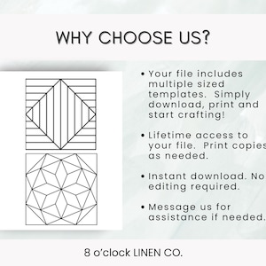 May include: A white graphic with the text "WHY CHOOSE US?" and bullet points about the product. The graphic includes two geometric designs. The bottom of the graphic reads "8 o'clock LINEN CO."
