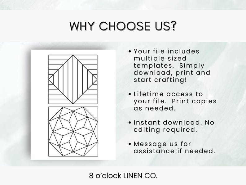 May include: A white graphic with the text "WHY CHOOSE US?" and bullet points about the product. The graphic includes two geometric designs. The bottom of the graphic reads "8 o'clock LINEN CO."