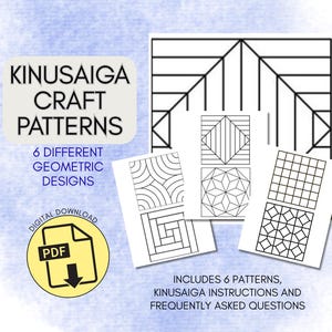 May include: A digital download graphic featuring Kinusaiga craft patterns. The image shows six different geometric designs, including instructions and frequently asked questions. The PDF download icon is also visible, set against a watercolor background.