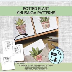 POTTED PLANT Beginner Kinusaiga Craft Pattern Bundle, No Sew Fabric Mosaic Templates, Digital Download