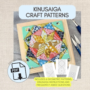 Può includere: Una cornice quadrata in legno contiene un colorato modello artigianale KinuSaiga. Il modello presenta vari pezzi di tessuto nei toni del rosa, giallo, blu e verde. L'immagine include un'icona di download PDF, forbici e il testo "KINUSAIGA CRAFT PATTERNS".