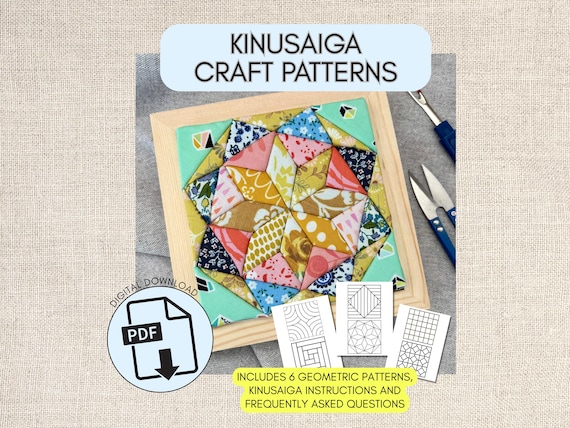 6 Beginner Geometric Kinusaiga Craft Pattern Bundle, No Sew Fabric Mosaic Templates, Digital Download