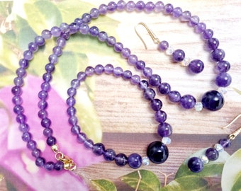 Complete natural Amethyst set, necklace, bracelet, earrings