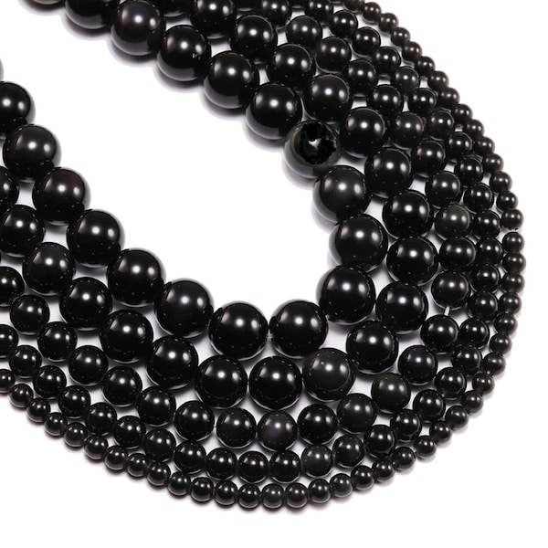 Perles Obsidienne noire lisses , 8 mm , lot de 45 perles