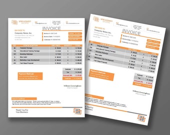 May include: A black and white invoice template with orange accents. The invoice is for a company called "Spreadsheet Shoppe" and includes a list of items, prices, and quantities. The invoice also includes payment methods and terms and conditions.