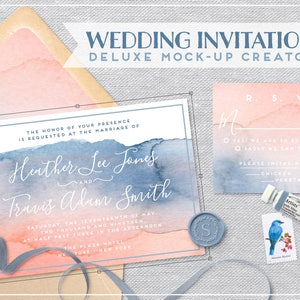 Maquete de convite de casamento plana, maquete de suíte de casamento, fotografia de estoque em estilo de papelaria com envelopes, cartões planos e fita de seda,