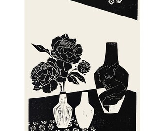 Floral Still Life Linocut Print | Hand Carved | Female Figure