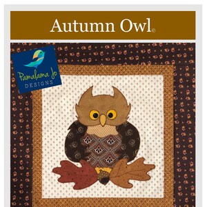 May include: A brown and tan owl applique pattern with fall leaves. The pattern is 17 inches by 17 inches and includes directions for making a pillow, wall hanging, or table topper. The pattern is called "Autumn Owl" and is by Pamalama Jo Designs. The pattern number is CMB 201.