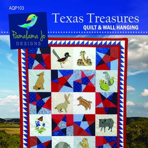May include: Texas Treasures quilt and wall hanging pattern featuring a red, white, and blue patchwork design with various Texas-themed images, including a armadillo, a rattlesnake, a bluebonnet, and a roadrunner. Celebrate the Lone Star state! Instructions included for two sizes: Large Throw: 54"x64" or Crib/Wall Hanging: 44"x54"