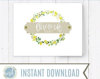 Printable Lemon Thank You - Floral Wreath Thank You - Watercolor Lemons - Thank You Postcard - Folded Thank You - Generic Thank You