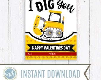 Construction Valentine Cards - I Dig You Valentine - Kid Boy Valentine - Valentines Day Tag - Instant Digital Download - Classroom Valentine