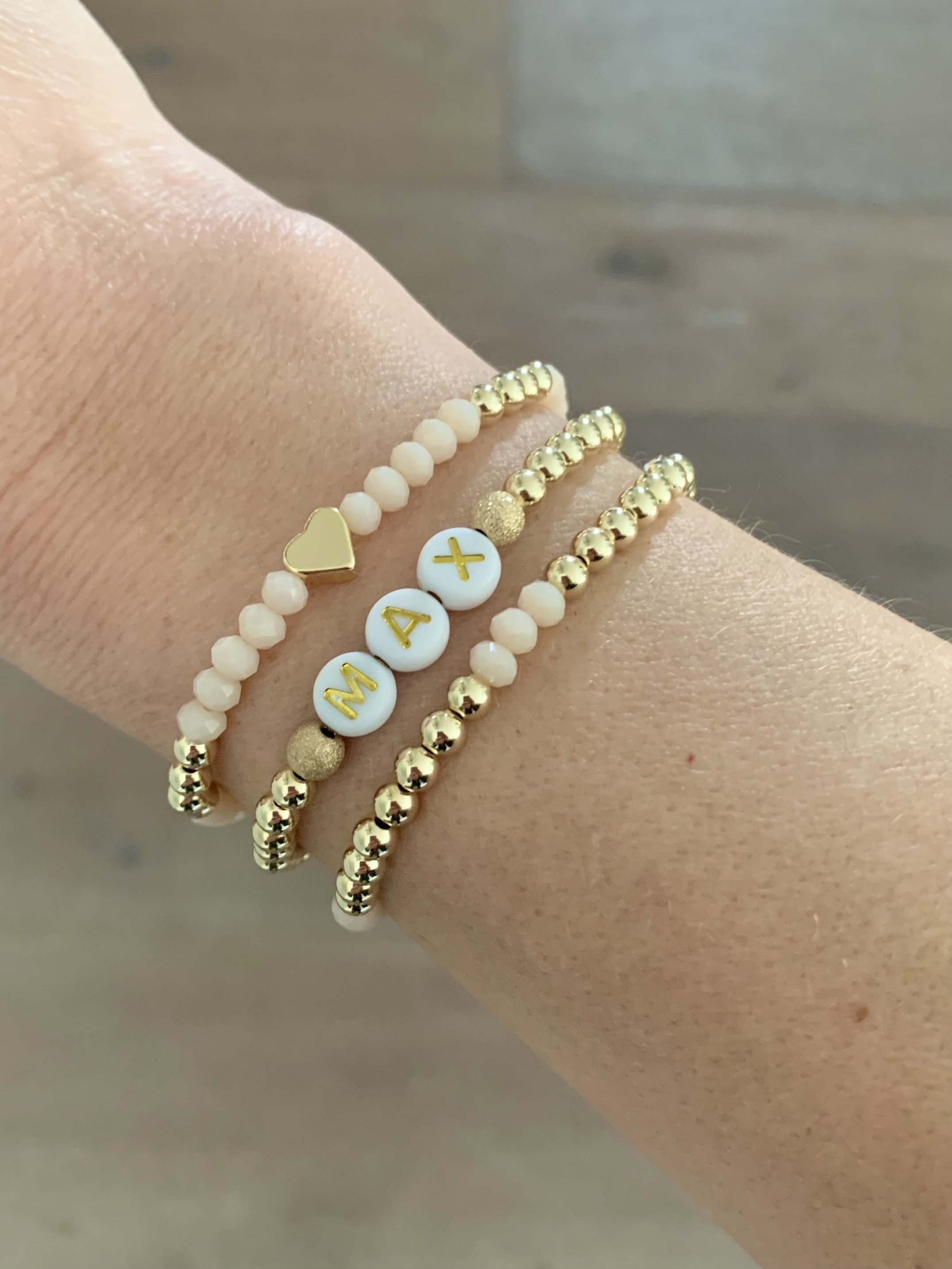 Blush Stack Dainty Personalized Name Bracelet + Layering Bead Bracelets ...
