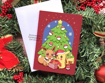 A6 Cute Pokémon Christmas card, Pikachu and Eevee in Christmas costume