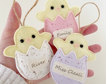 Handmade felt personalised baby chick Easter hanging decoration.