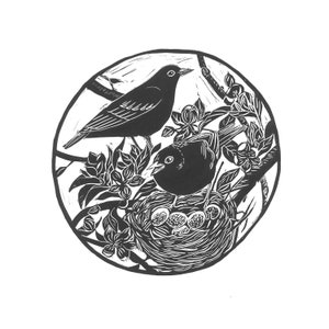 Spring Blackbirds Original Linoprint