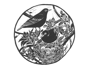 Spring Blackbirds Original Linoprint