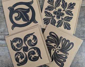 Set of 4 Victorian Tile Handprinted Linocut Cards