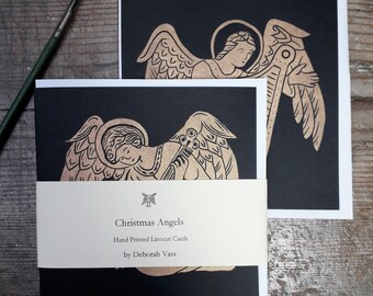 Christmas Angels Set of 4 Handprinted Linocut cards