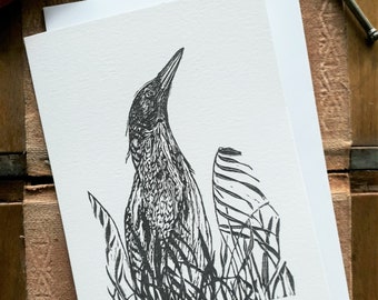 Cartão de felicitações com design em linóleo em branco Bittern