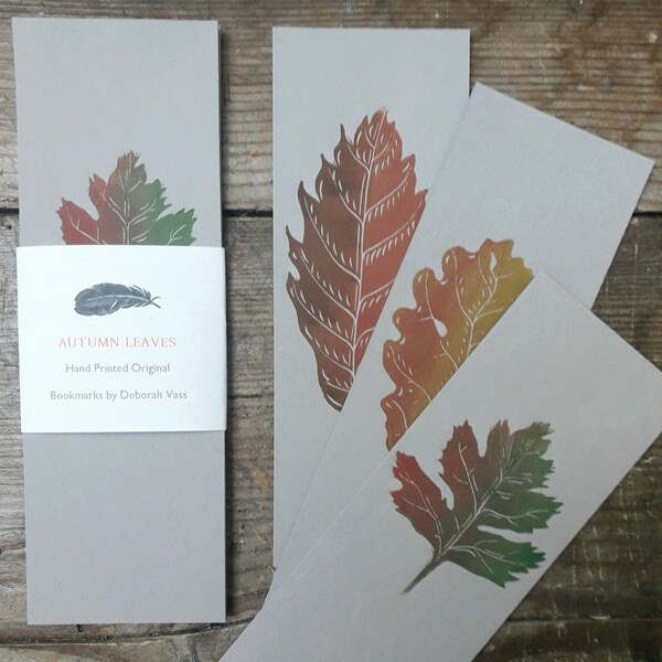 Autumn Leaves Collection of 3 Handprinted Linocut Bookmarks