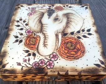 Personalized Bohemian Elephant Memorabilia Box, Gift for Elephant Lover, Custom Woodburned Gypsy Elephant Jewelry Box