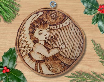 Custom Woodburned Angel Ornament, Musician Gift, Personalized Christmas