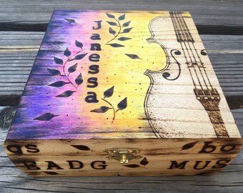 Personalized Woodburned Violin Box, Keepsake Memorabilia