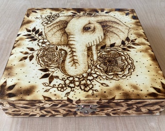 Woodburned Elephant Keepsake Box, Personalized Bohemian Decor