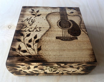 Custom Woodburned Guitar Pick Box, Personalized Musician Gift
