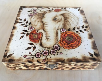Personalized Woodburned Elephant Keepsake Box, Bohemian Decor