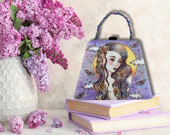 Handmade Purple Wooden Purse, Whimsical Art Trinket Box