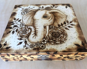 Personalized Woodburned Elephant Keepsake Box, Bohemian Decor